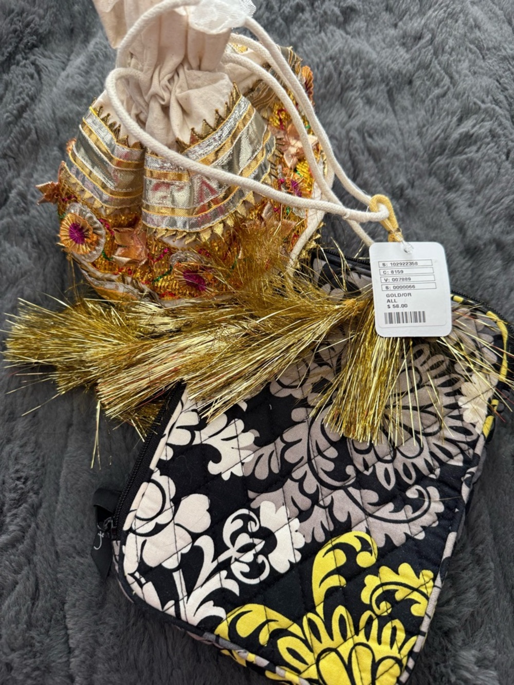 Quilted Black & Yellow Floral Crossbody Pouch and Gold Tassel Free People